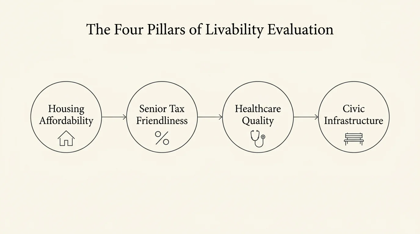 A minimalist structural diagram illustrating the four core pillars of evaluating value towns for retirees.