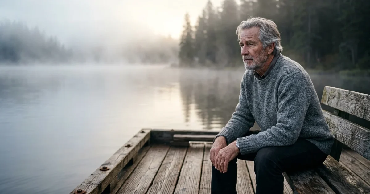 A reflective older man sits on a wooden dock overlooking a misty, peaceful lake at sunrise, representing thoughtful retirement planning.