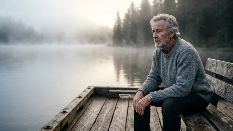 A reflective older man sits on a wooden dock overlooking a misty, peaceful lake at sunrise, representing thoughtful retirement planning.