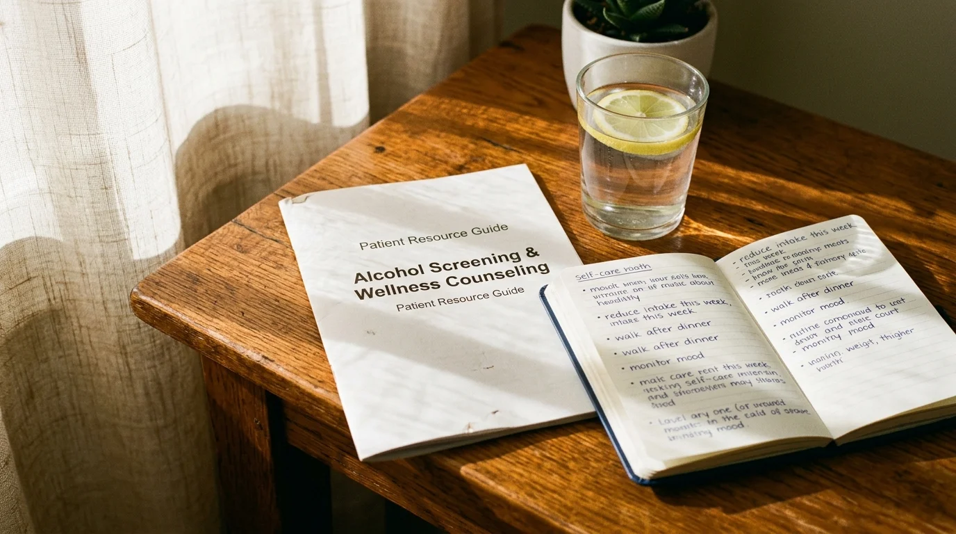 A patient resource guide booklet, an open handwritten journal, and a glass of lemon water on a wooden table.