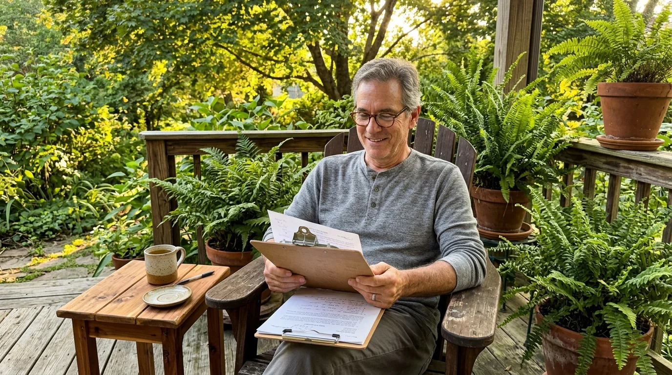 A relaxed retired man in his early 60s smiling while reviewing documents on his sunny porch.