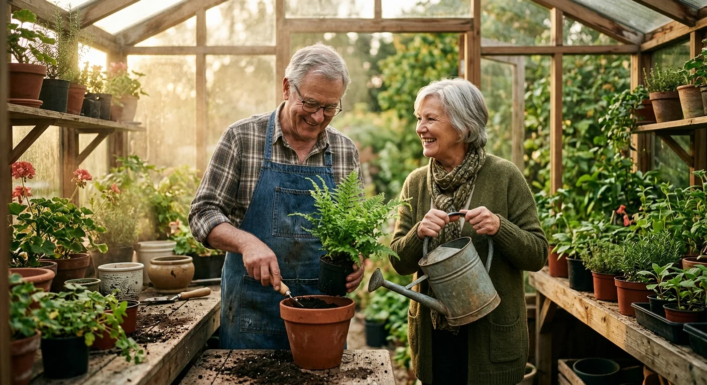 A retired couple happily repots plants together in a sunlit, rustic greenhouse, enjoying their hobby and time together.