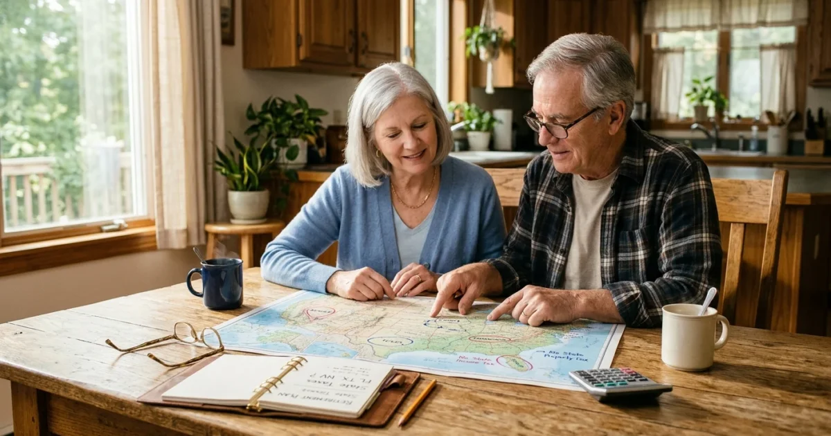 A retired couple looks at a US map with circled states on a sun-drenched wooden kitchen table alongside notes and coffee.