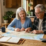 A retired couple looks at a US map with circled states on a sun-drenched wooden kitchen table alongside notes and coffee.