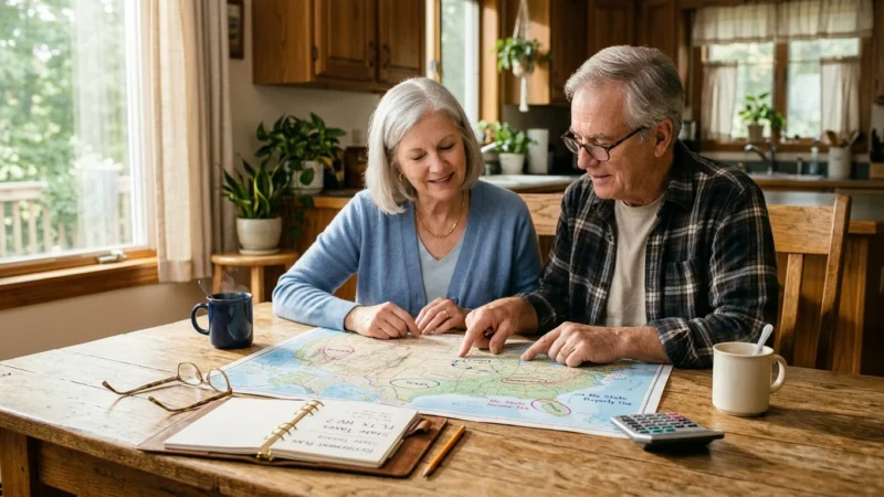A retired couple looks at a US map with circled states on a sun-drenched wooden kitchen table alongside notes and coffee.