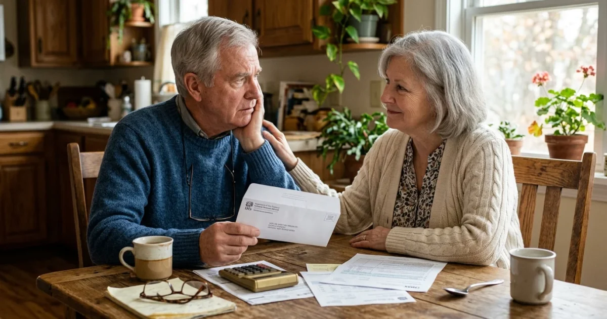 A retired couple sitting at their kitchen table in morning light, looking at an IRS envelope with mild concern.