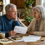 A retired couple sitting at their kitchen table in morning light, looking at an IRS envelope with mild concern.