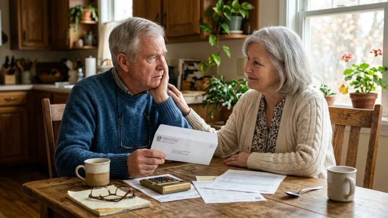 A retired couple sitting at their kitchen table in morning light, looking at an IRS envelope with mild concern.