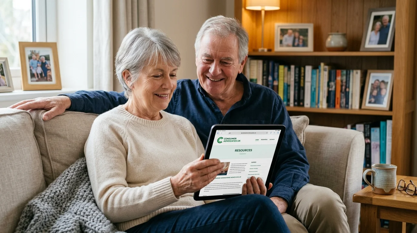 A retired couple sitting on a cozy living room sofa, smiling as they look at a tablet screen together.
