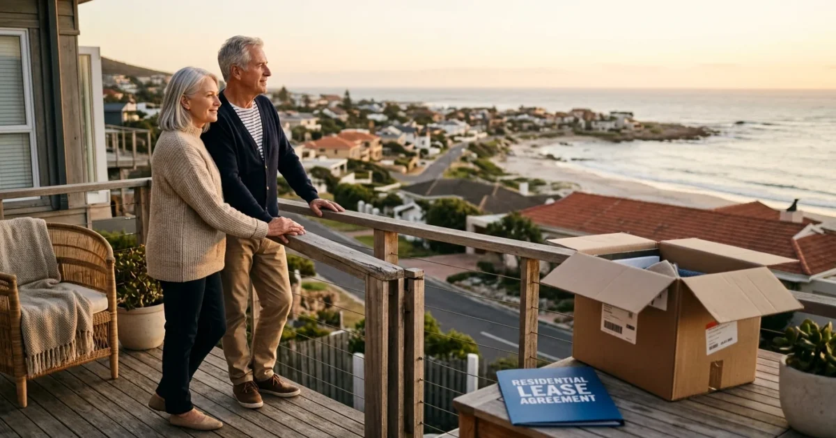 A retired couple stands on the balcony of a coastal rental home next to a lease agreement folder, looking out at a beach town.
