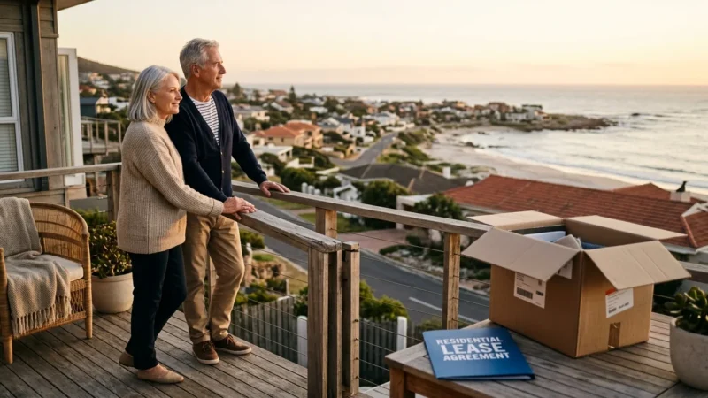 A retired couple stands on the balcony of a coastal rental home next to a lease agreement folder, looking out at a beach town.