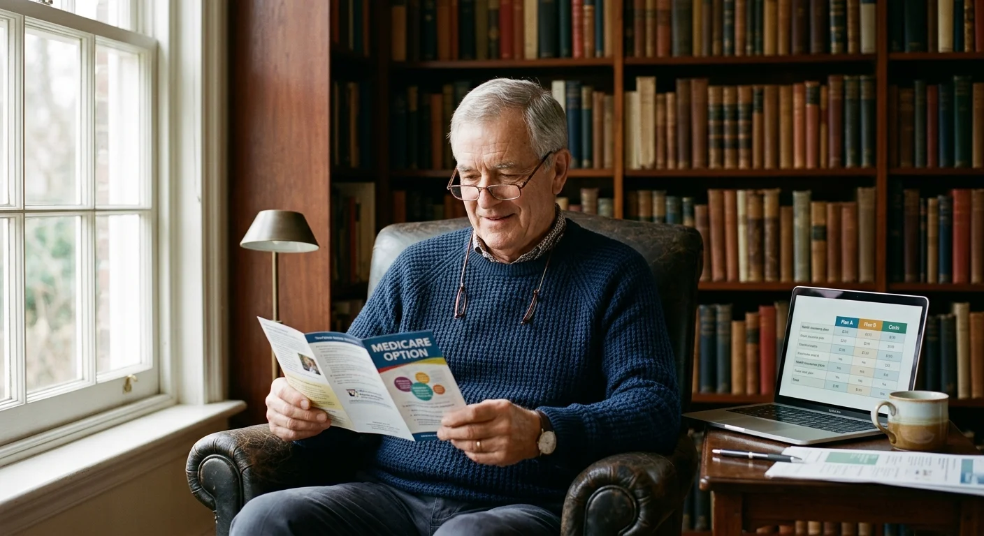 A retired man in a knit sweater reviews healthcare options and brochures in a warm, book-filled room.