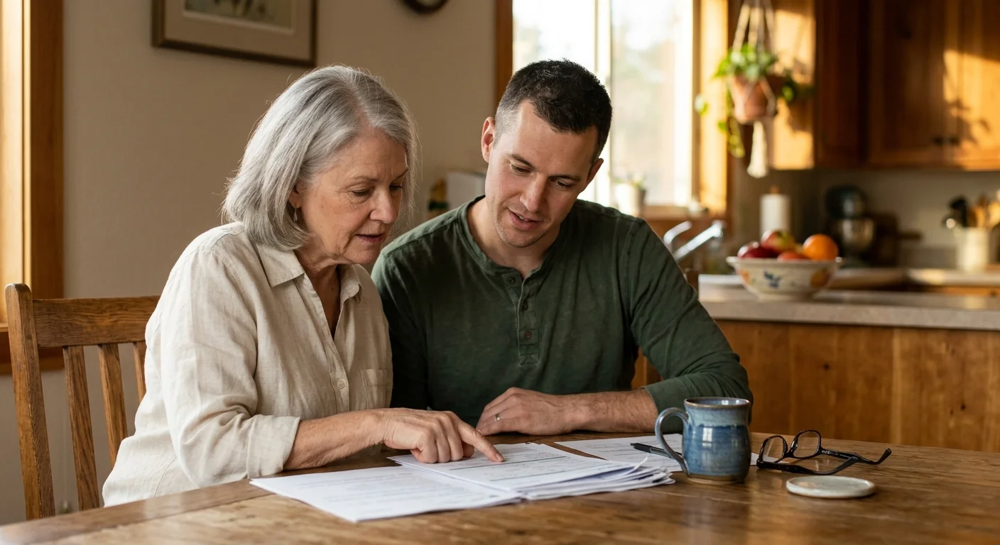 A retired mother and her adult son sit at a kitchen table, collaboratively reviewing papers under warm afternoon light.