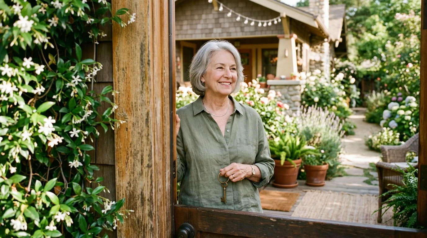 A retired woman in a linen shirt holding keys in the doorway of a sunlit craftsman cottage.