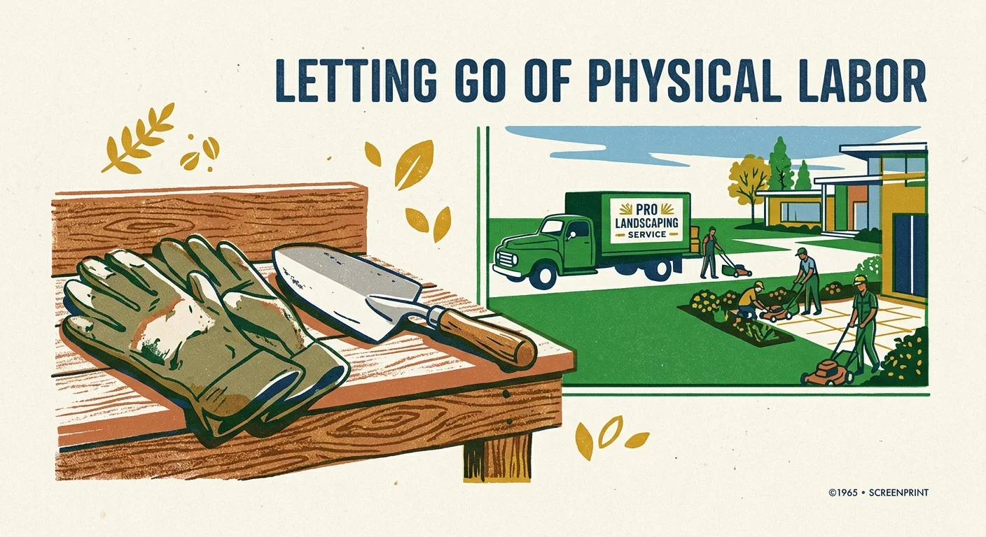 A screenprint illustration of retired gardening tools sitting on a bench, with professional lawn care visible out the window.