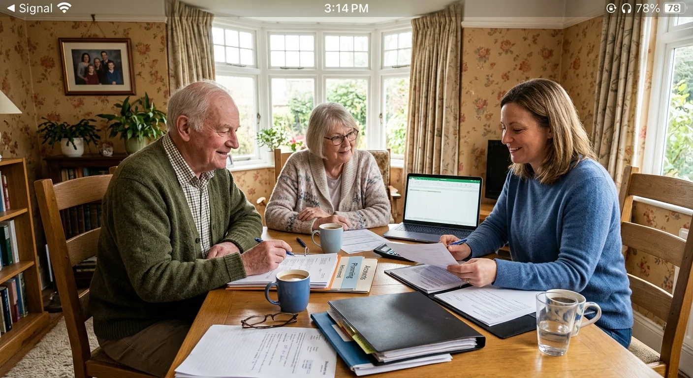 A senior couple and an advisor reviewing financial papers together in a warm, comfortable home setting.