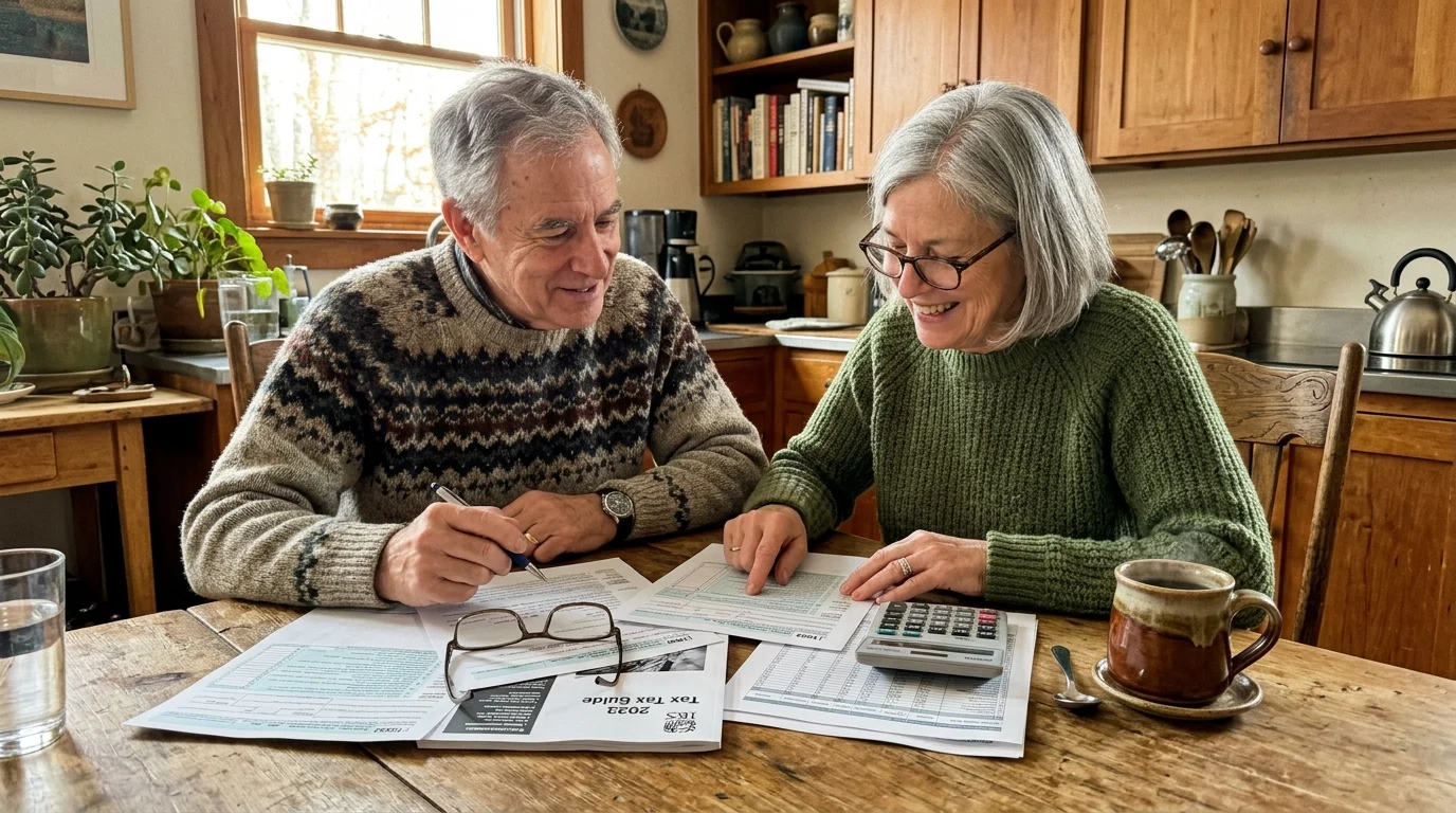 A senior couple at a warm wooden kitchen table happily reviewing tax papers and holding a calculator in morning light.