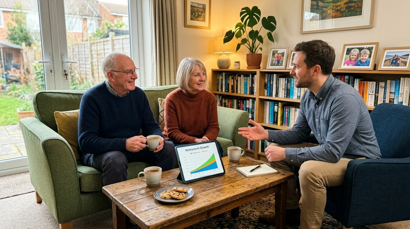 A senior couple chatting comfortably with a financial advisor in their cozy living room over tea.