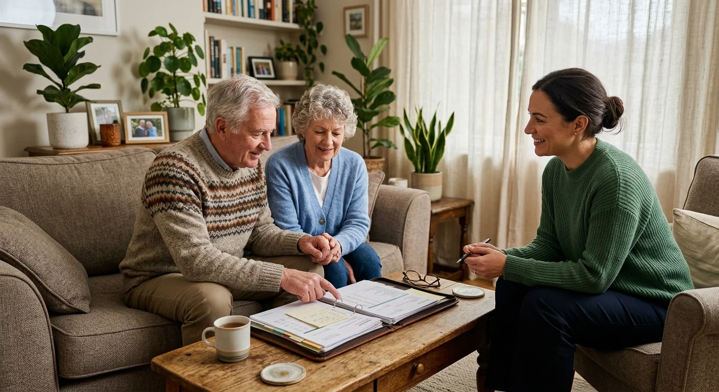 A senior couple sits in their cozy living room discussing financial documents with a professional tax advisor.