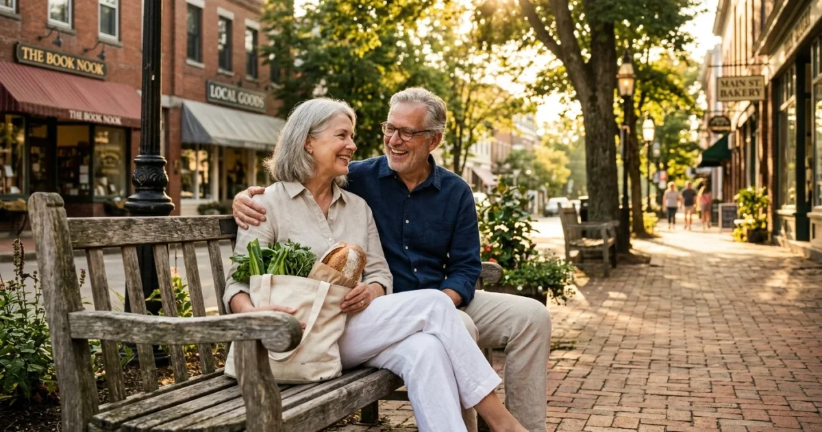 A senior couple sitting on a bench on a historic small-town main street during a sunny afternoon.