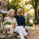 A senior couple sitting on a bench on a historic small-town main street during a sunny afternoon.