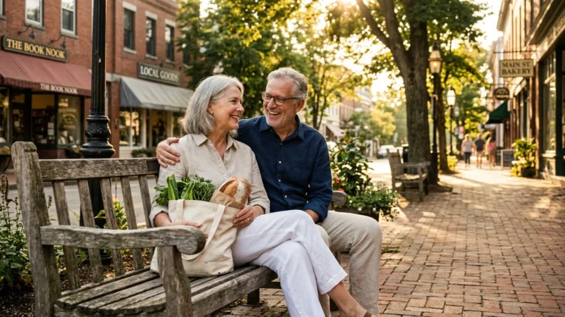 A senior couple sitting on a bench on a historic small-town main street during a sunny afternoon.