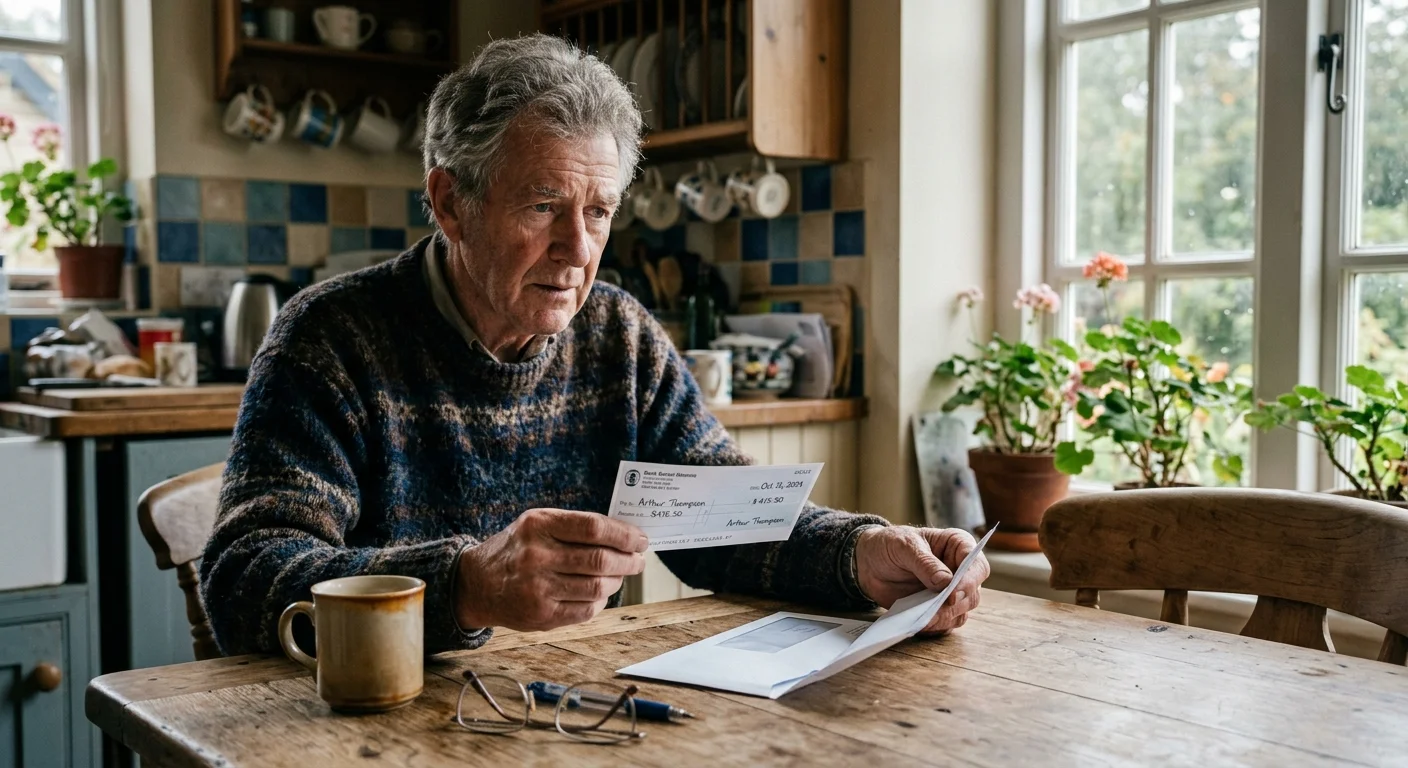 A senior man at a kitchen table holding an unexpected paper check, looking puzzled.