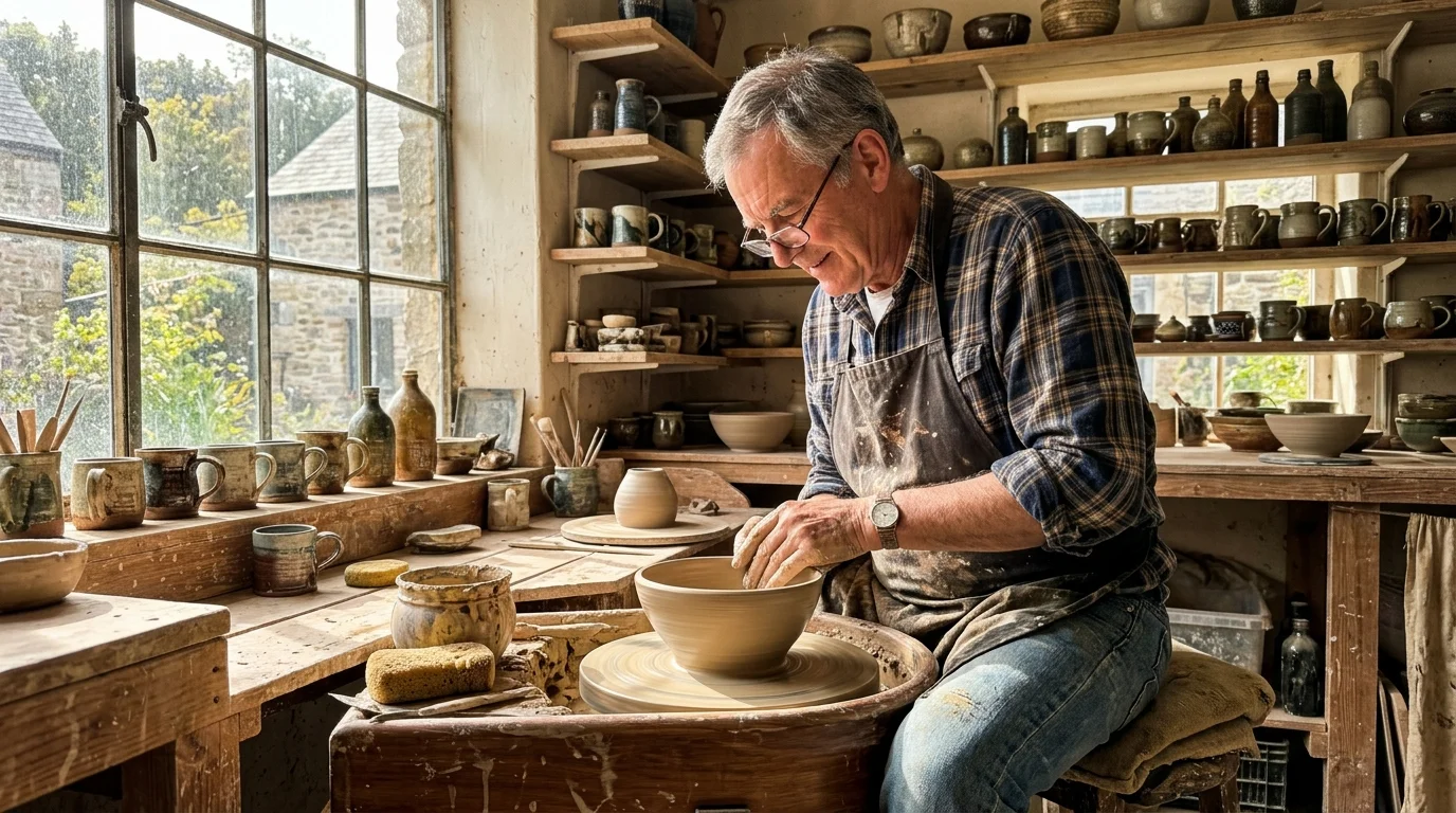 A senior man in a canvas apron carefully shaping clay on a potter's wheel in a sunlit workshop.