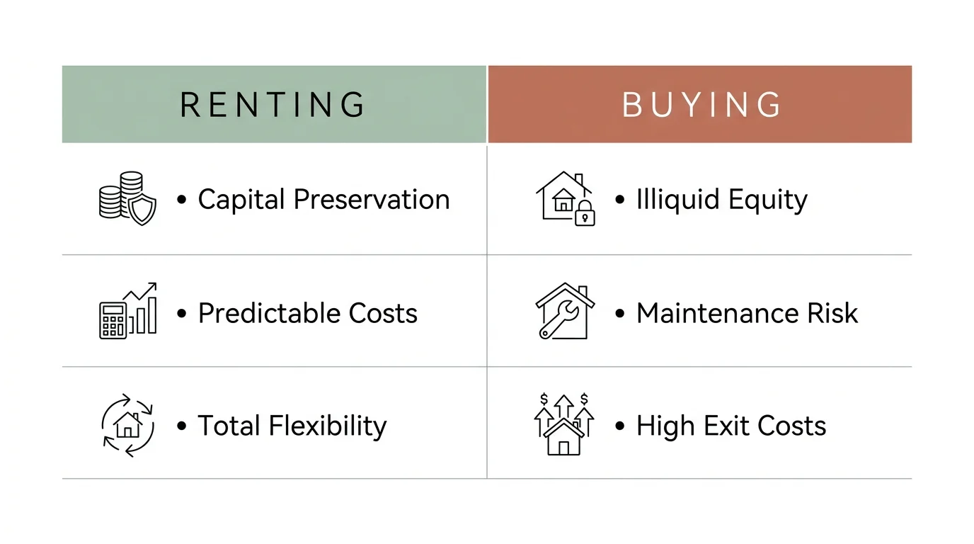 A side-by-side comparison chart outlining the pros of renting versus the financial risks of buying during retirement.