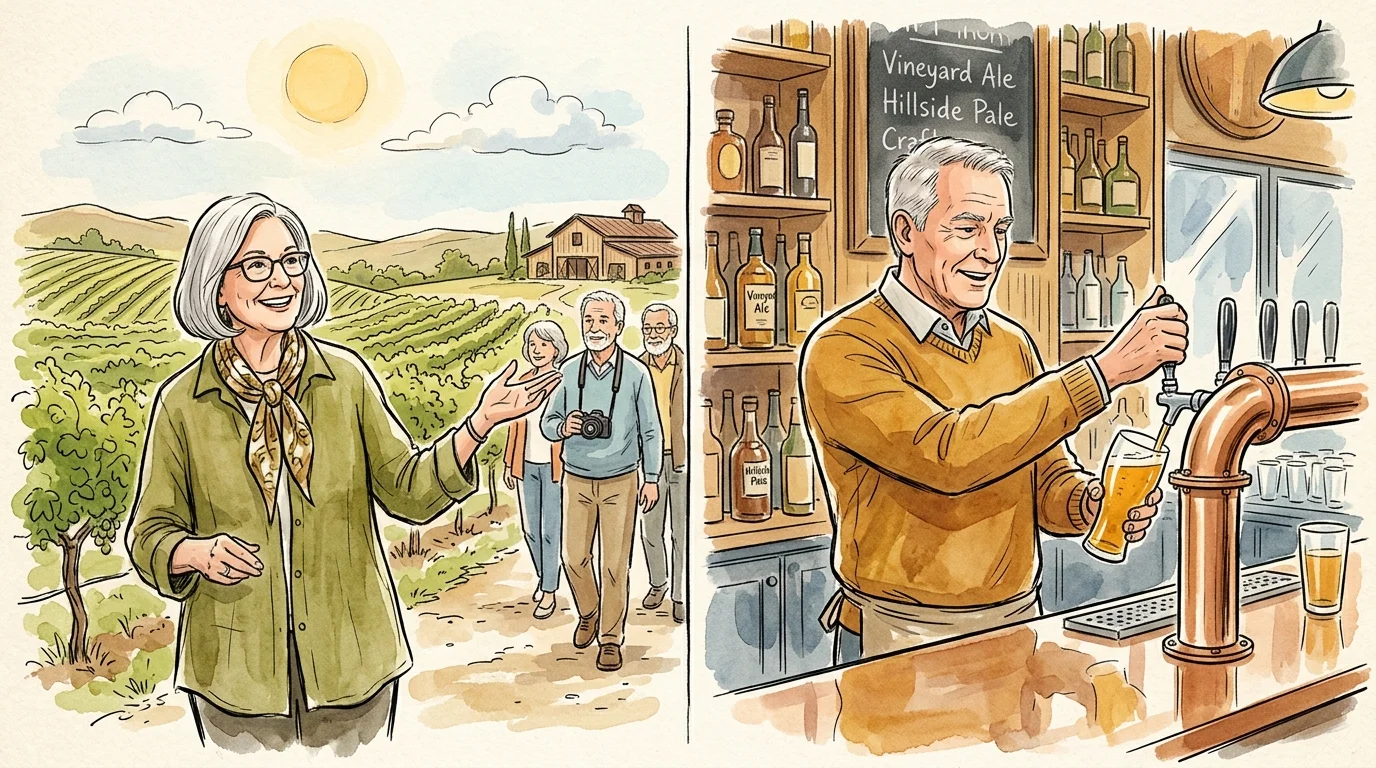 A split illustration showing an active senior woman guiding a vineyard tour and a senior man pouring craft beer in a taproom.