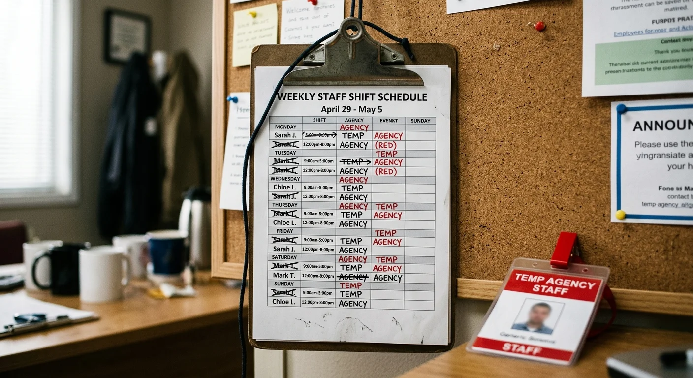 A staff schedule clipboard with crossed-out names and handwritten agency staff notes, next to a temporary agency badge.
