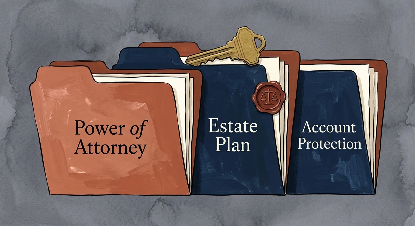 A structured gouache illustration of folders labeled Power of Attorney and Estate Plan, with a brass key symbolizing legal security.