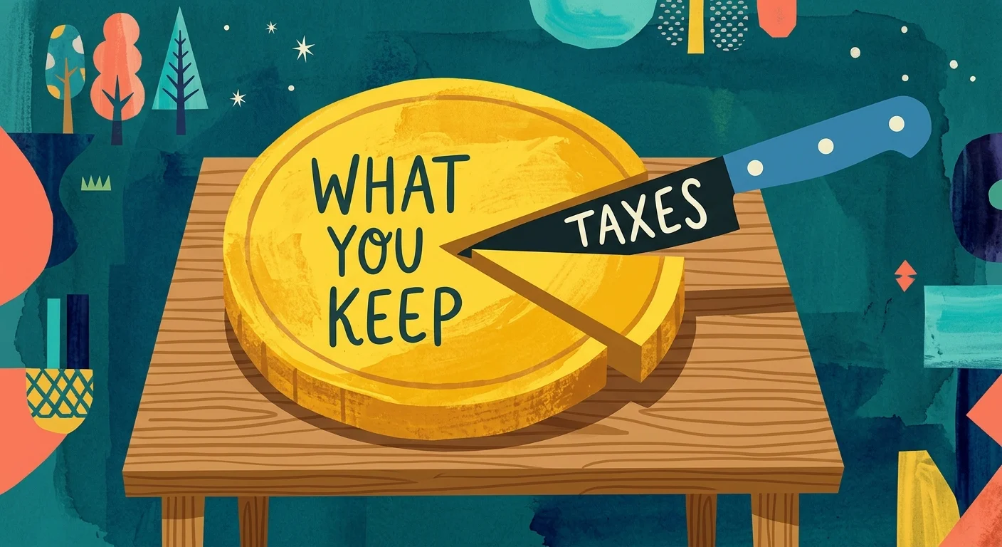 A stylized gouache illustration of a golden coin with a wedge cut out by a knife labeled 'TAXES', leaving a portion labeled 'WHAT YOU KEEP'.