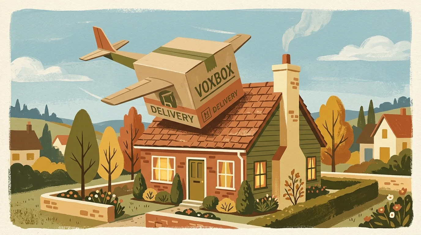 A stylized gouache illustration of a product test box floating down onto a cozy house rooftop.