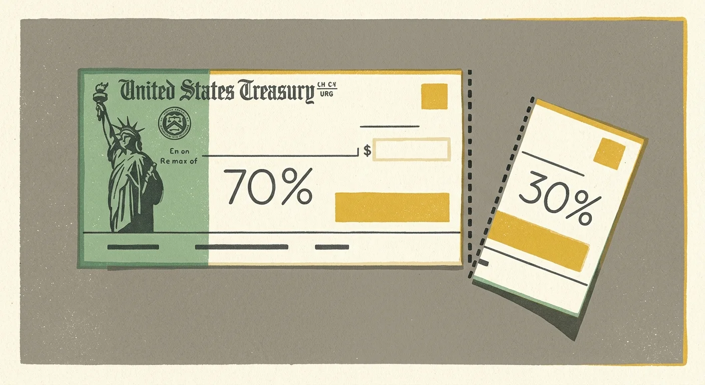 A stylized green treasury check illustration with a 30% portion sliced off and falling away, leaving only 70% behind.