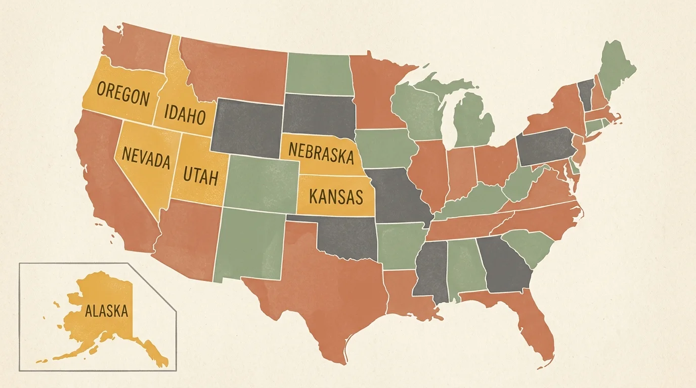 A stylized map highlighting Alaska, Idaho, Kansas, Nebraska, Nevada, Oregon, and Utah in golden yellow.