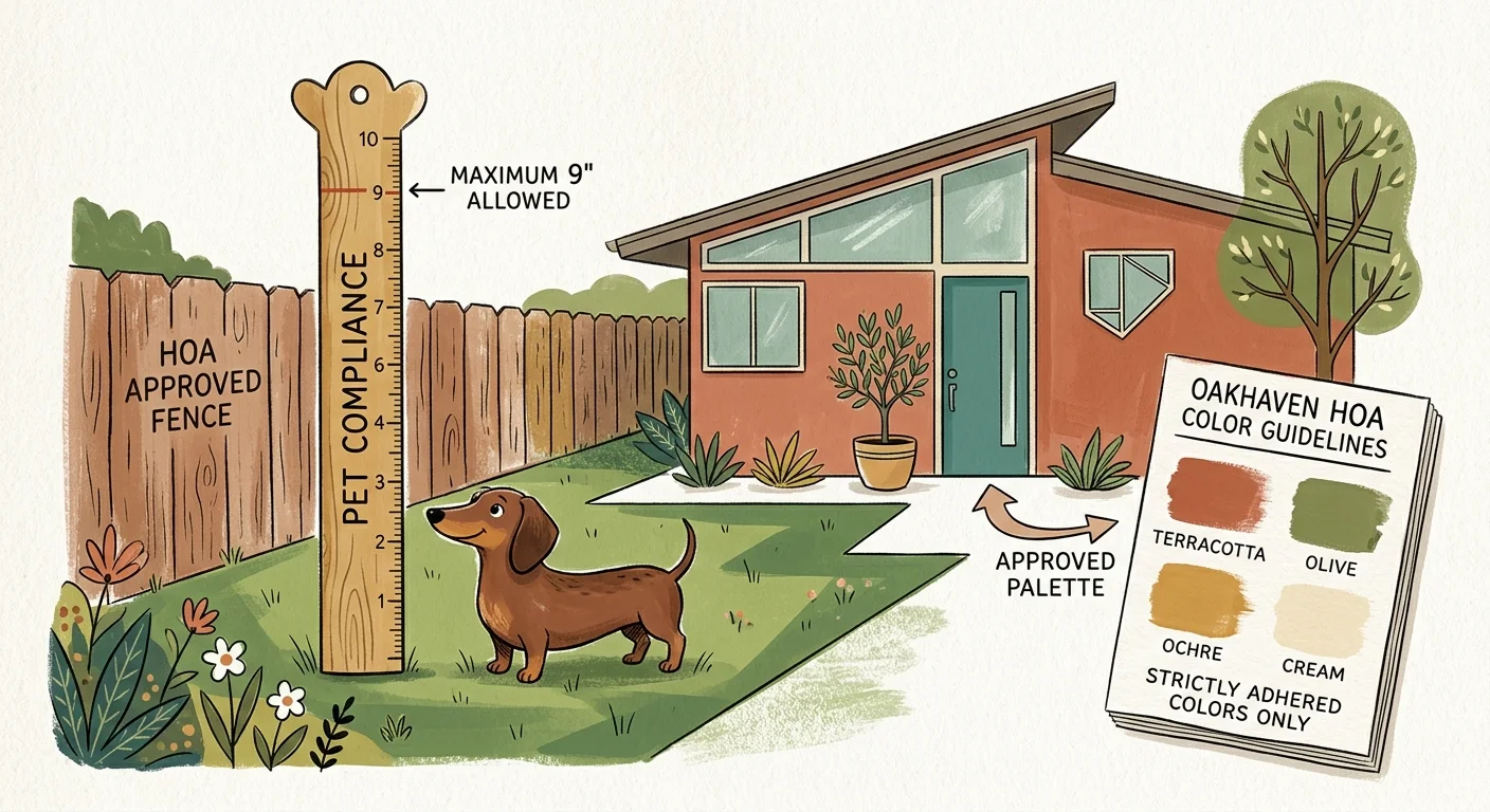 A stylized mid-century illustration of a dachshund next to a ruler and a paint color swatch booklet near a house.