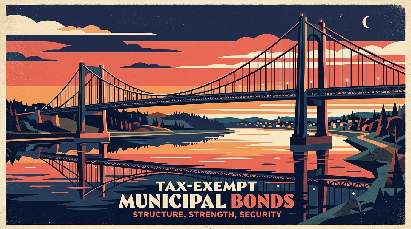 A stylized screenprint of a majestic suspension bridge crossing a river at dusk, in a vintage poster style.