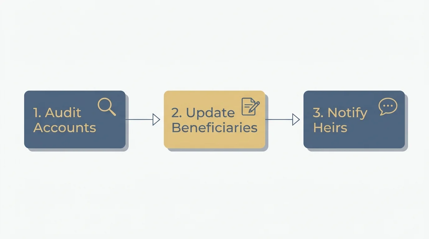 A three-step horizontal flowchart showing the steps: Audit Accounts, Update Beneficiaries, and Notify Heirs.