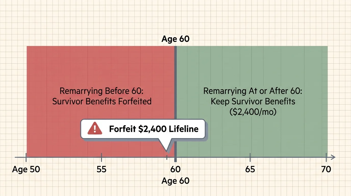 A timeline diagram highlighting the Age 60 milestone, showing survivor benefits are kept if remarrying at or after 60.