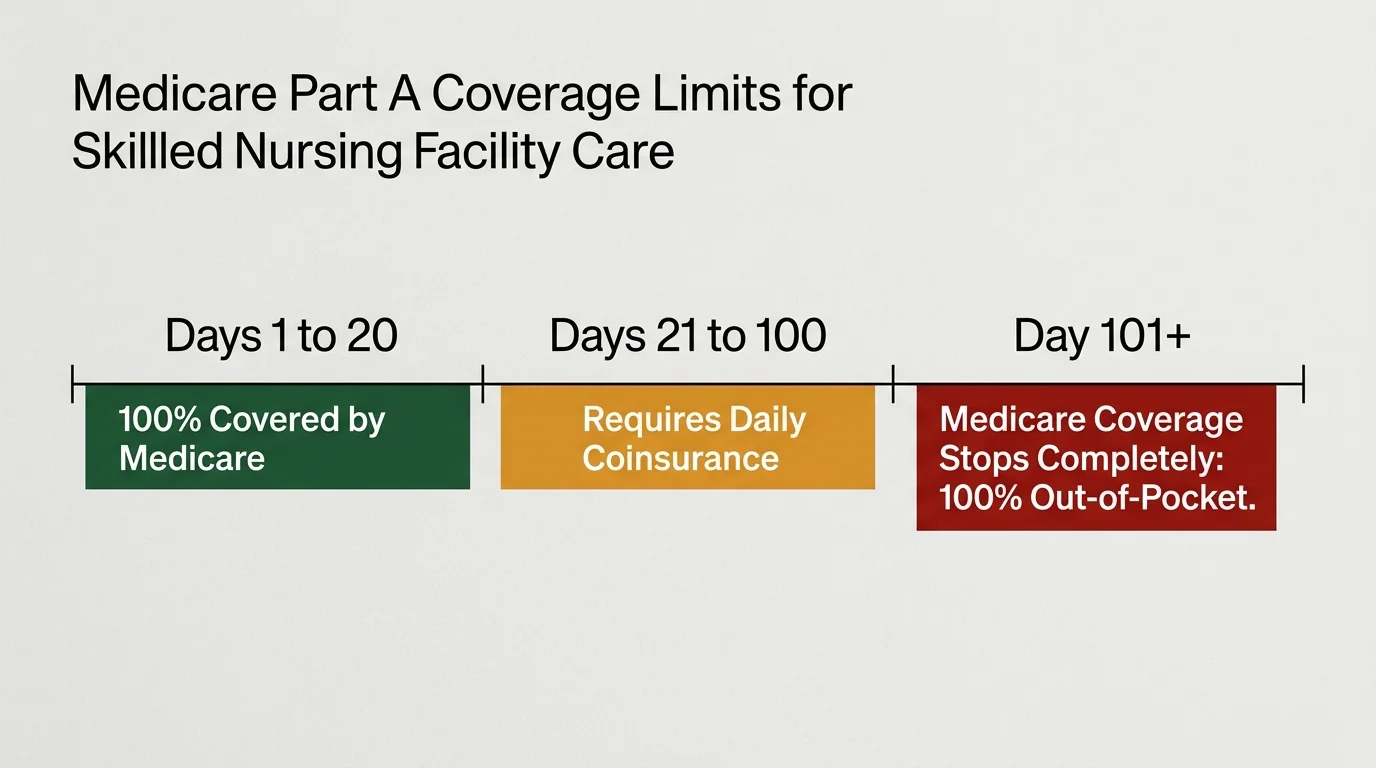 A timeline diagram showing Medicare's 100-day limit, detailing full coverage, coinsurance, and the complete stop of benefits on day 101.