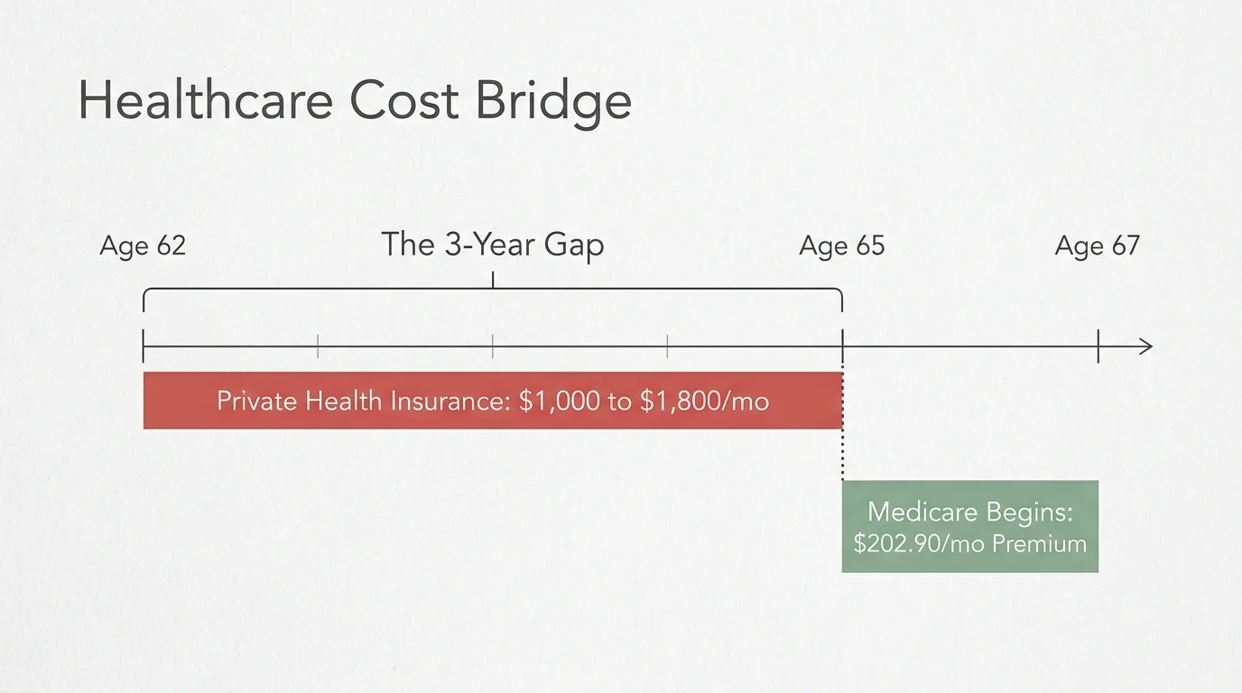 A timeline diagram showing the three-year gap between age 62 and age 65, highlighting the high cost of private insurance before Medicare beg