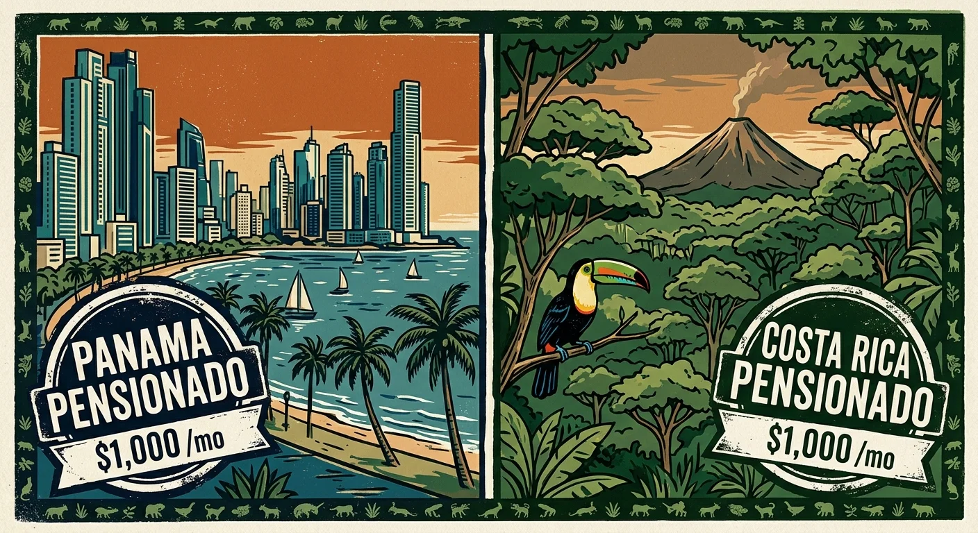 A vintage screenprint travel poster comparing Panama and Costa Rica's pensionado visas with a $1,000 monthly requirement.