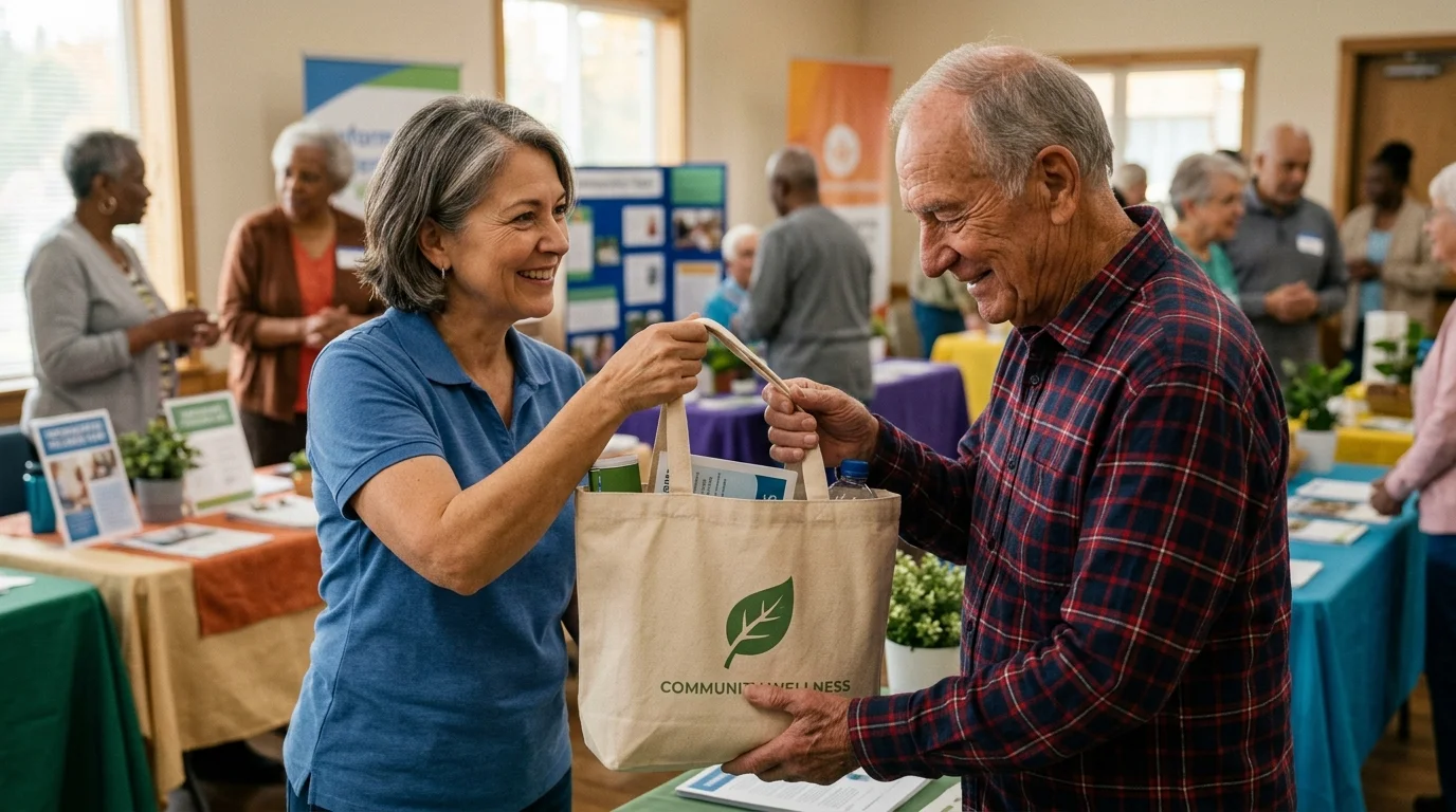 A volunteer at a community wellness fair hands a canvas tote bag filled with resources to an older man.