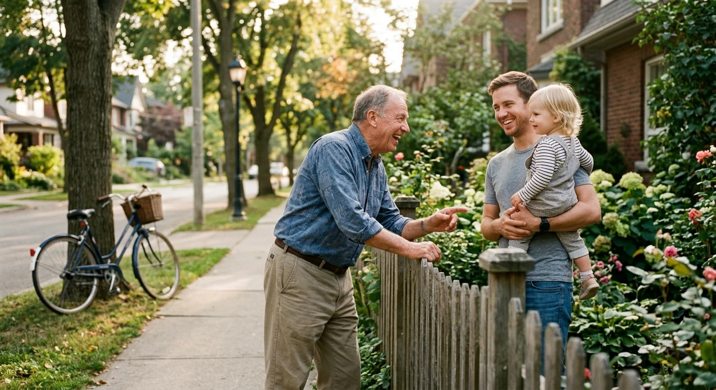 A warm, film-style photograph of an older man chatting with a young father and toddler over a low wooden fence.