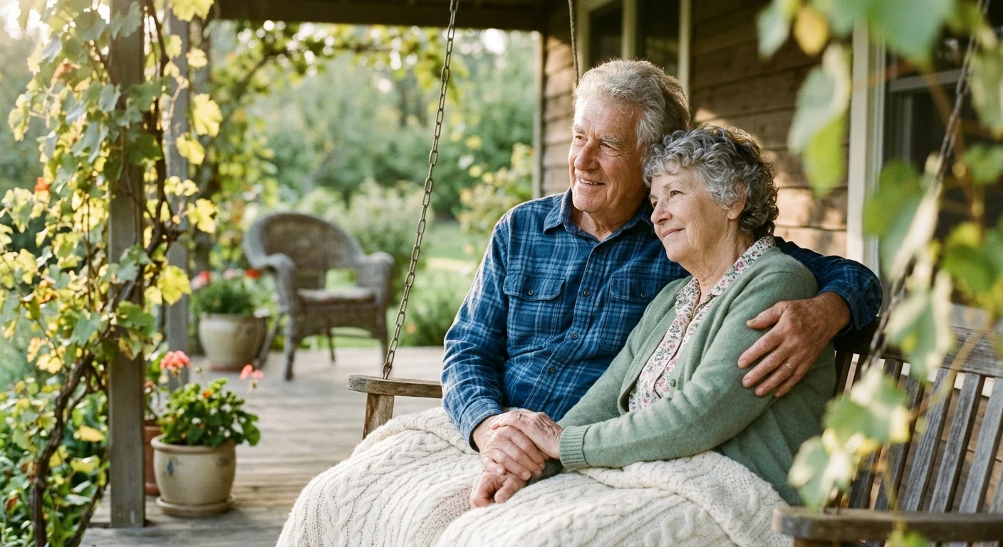 A warm, golden-hour photograph of an older couple holding hands on a porch swing, looking peaceful and secure.