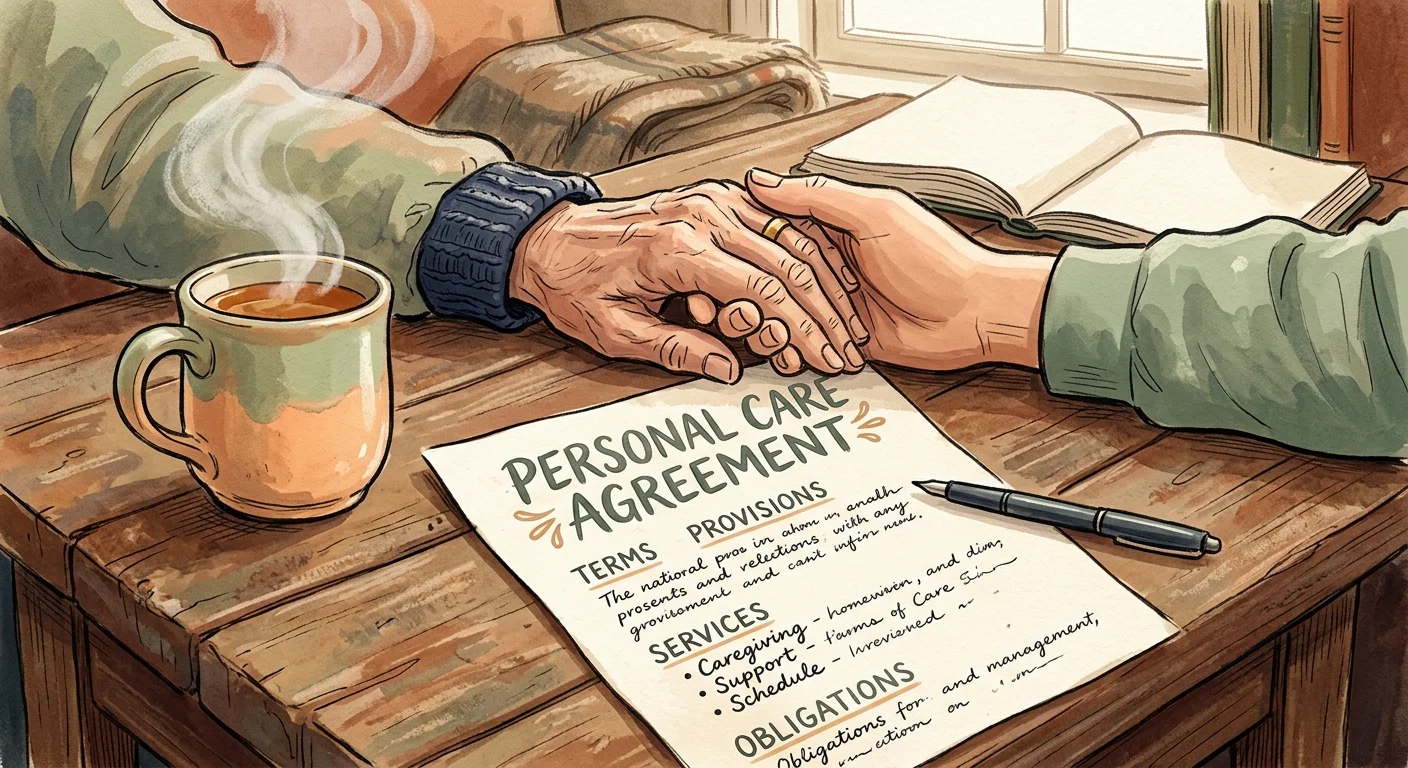 A warm gouache illustration of two hands clasped over a document labeled 'Personal Care Agreement' next to a steaming mug of tea.