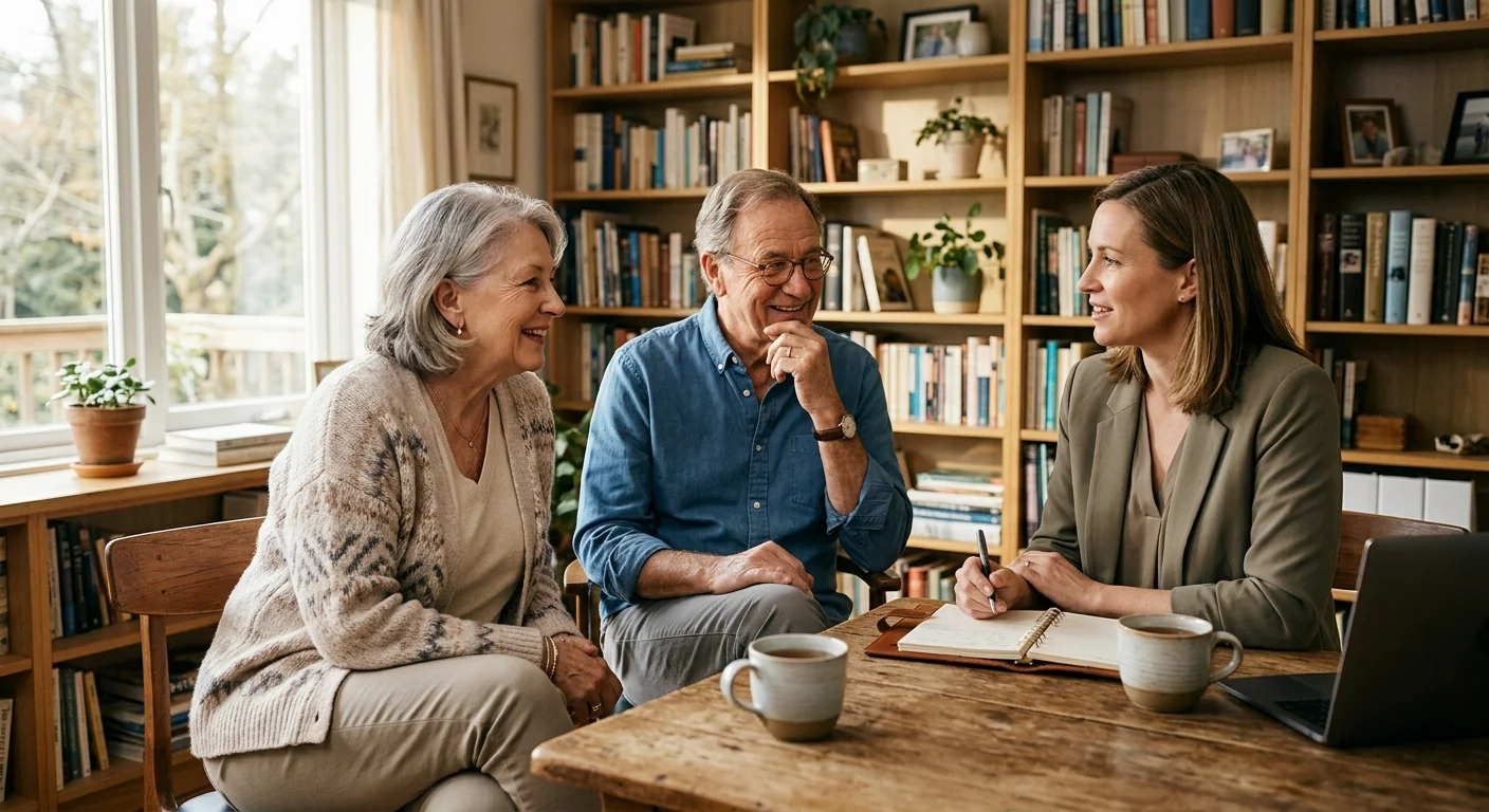 A warm, natural photograph of an older couple having a relaxed, friendly meeting with a financial advisor in a sunlit home office.