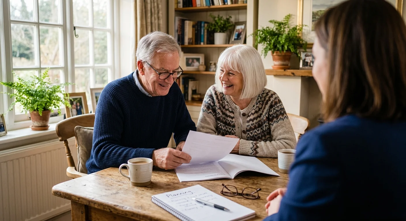 A warm photograph of an older couple discussing paperwork with an advisor in a sunlit home office.