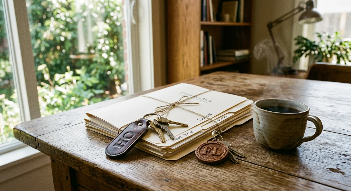 A warm, shallow-focus photograph of two sets of house keys labeled for Ohio and Florida lying on estate planning documents.